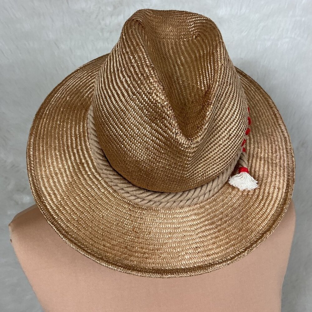 Alessandra Rivera Beige Straw Rope Trim Red Floral or Sun Embroidery Hat M - Picture 4 of 7